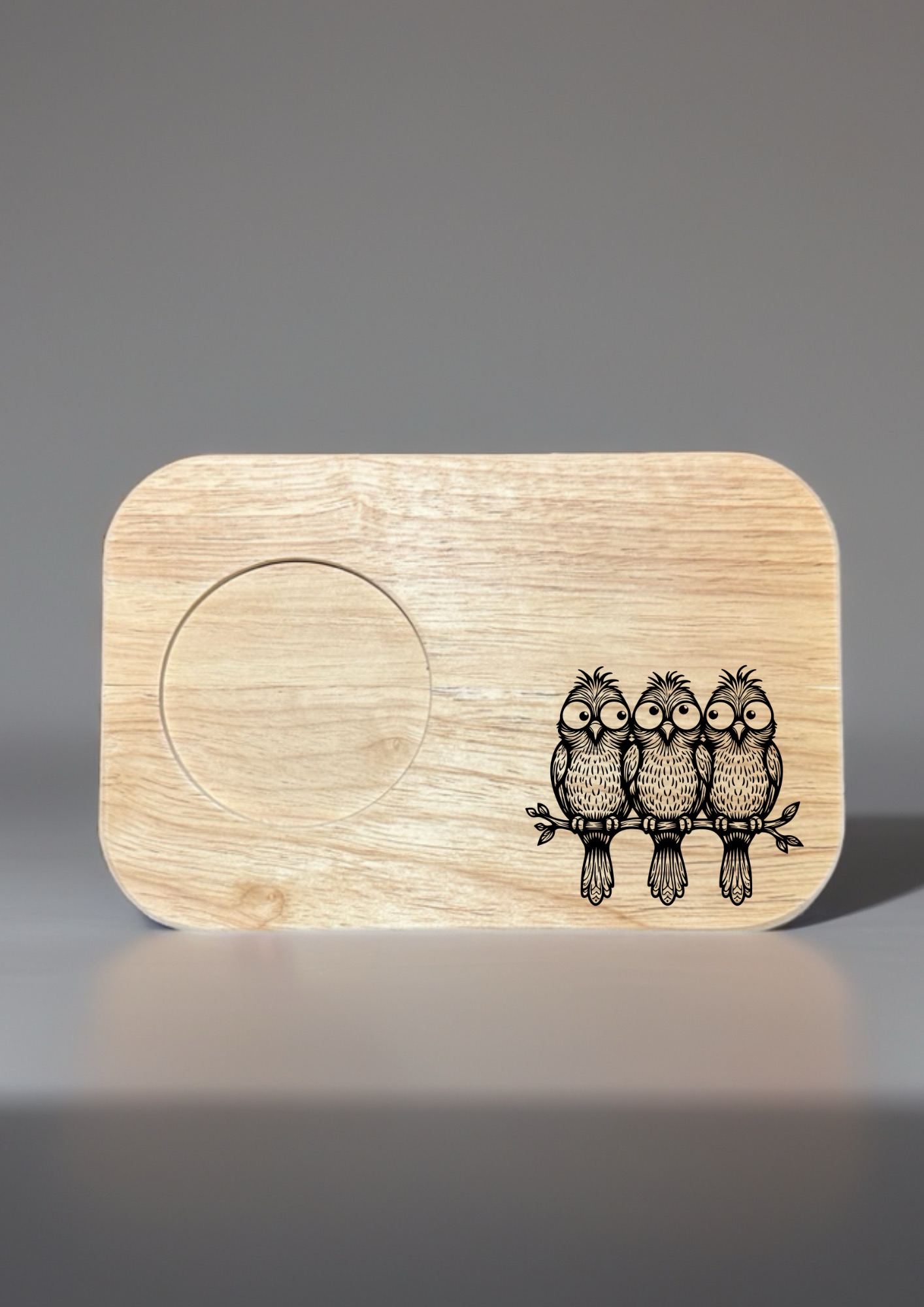 Three Little Birds Teacup Board finished engraved product